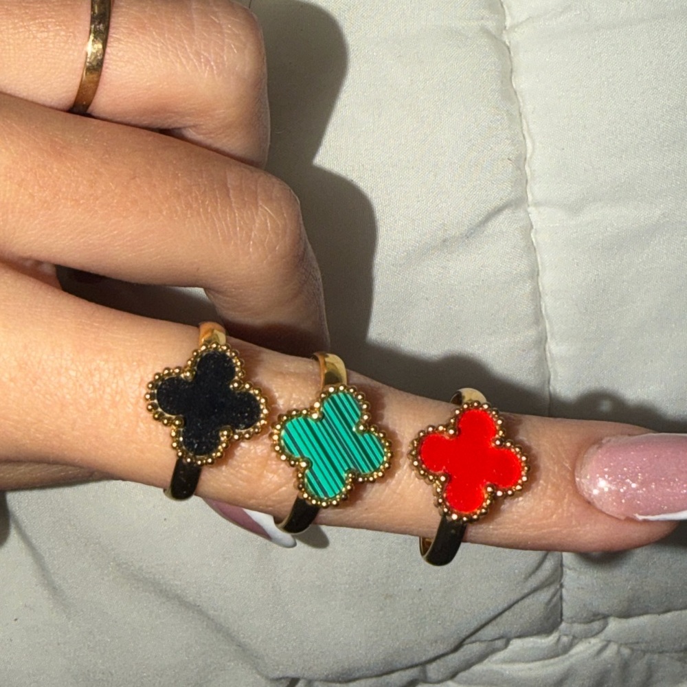 Gold Clover Ring with Black, Green and Red Inlay - Women Jewelry
